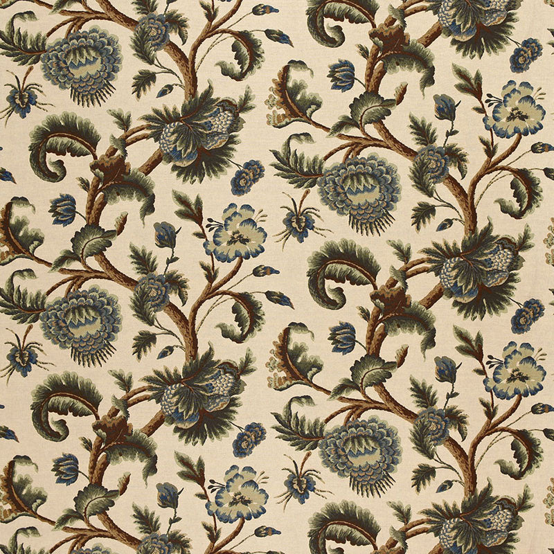 Jacobean printed crewel | Multi blues wood tones